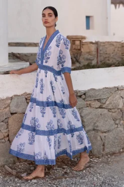 Oliphant V-Neck Cuffed Maxi- Salvia Blue