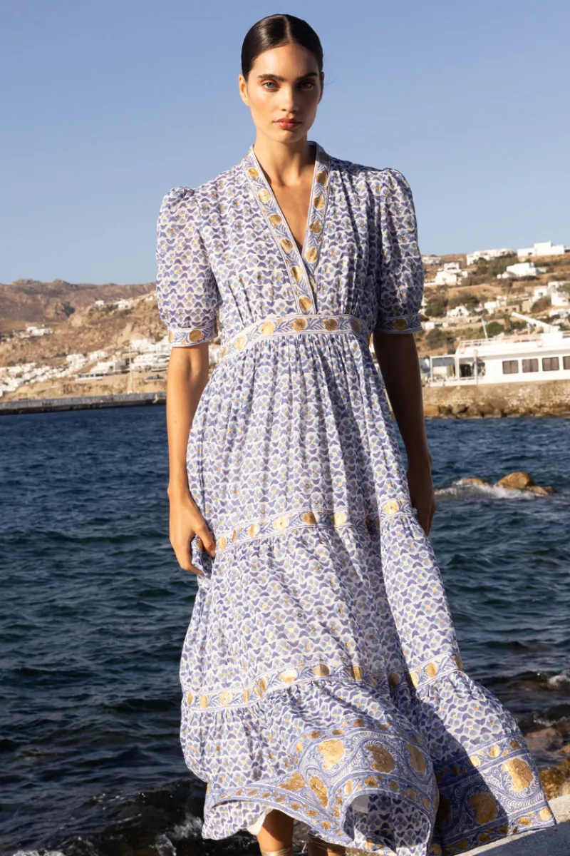 Oliphant V-Neck Cuffed Maxi- Veranda Blue