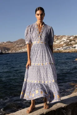 Oliphant V-Neck Cuffed Maxi- Veranda Blue