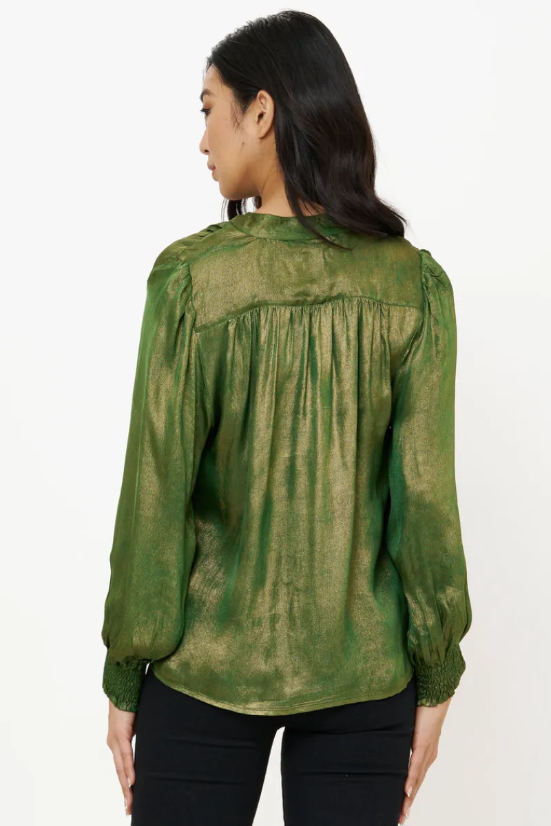 Oliphant V-Neck Pintuck Blouse- Cairo Green