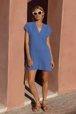 Oliphant V-Neck Roll Sleeve Mini- Bermuda Blue